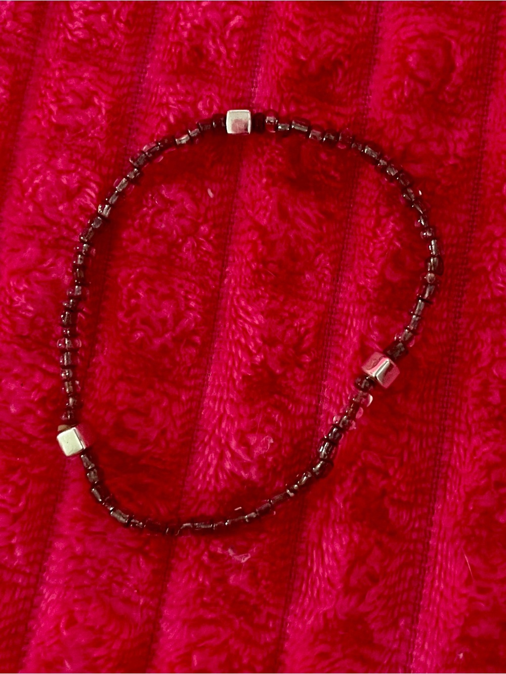Delicate Dark Garnet Seed Bead Stretchy Bracelet with Silver Accents